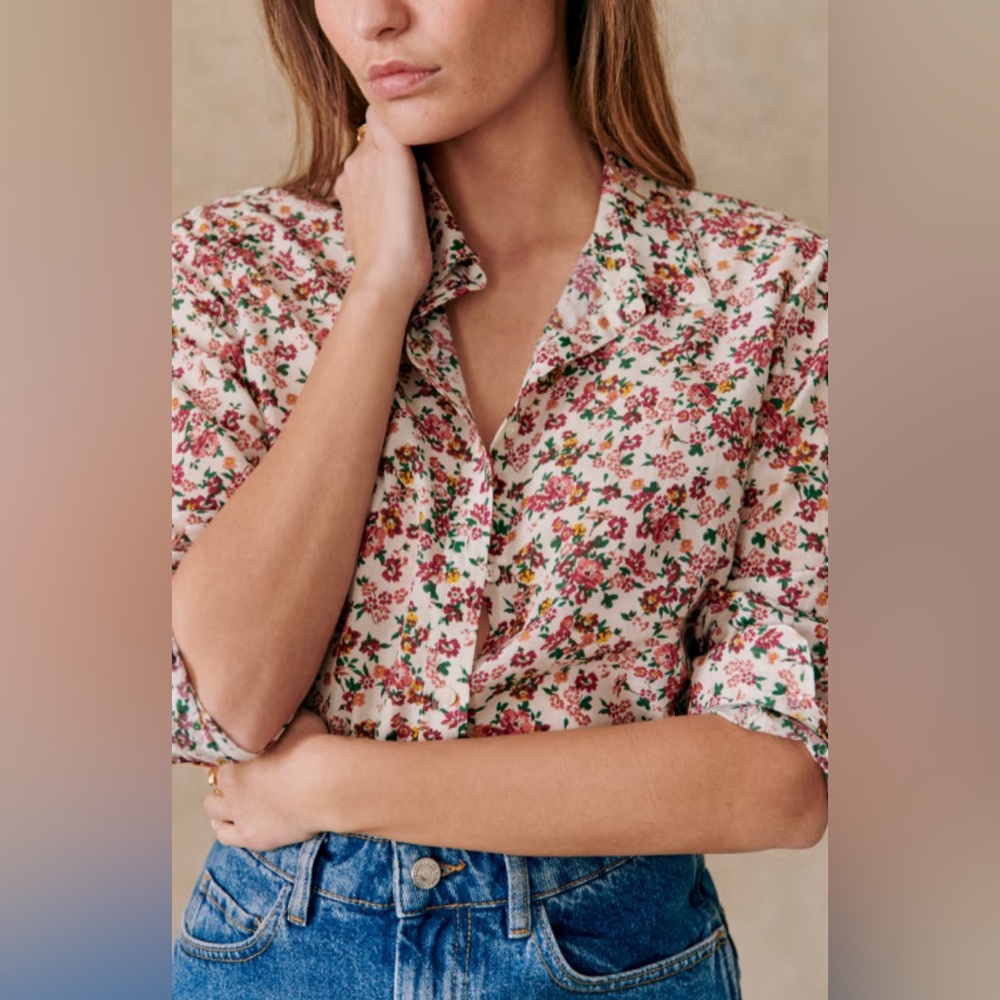 Sezane Pierro Shirt Imprimé Fleurie Fond Beige - Size 36